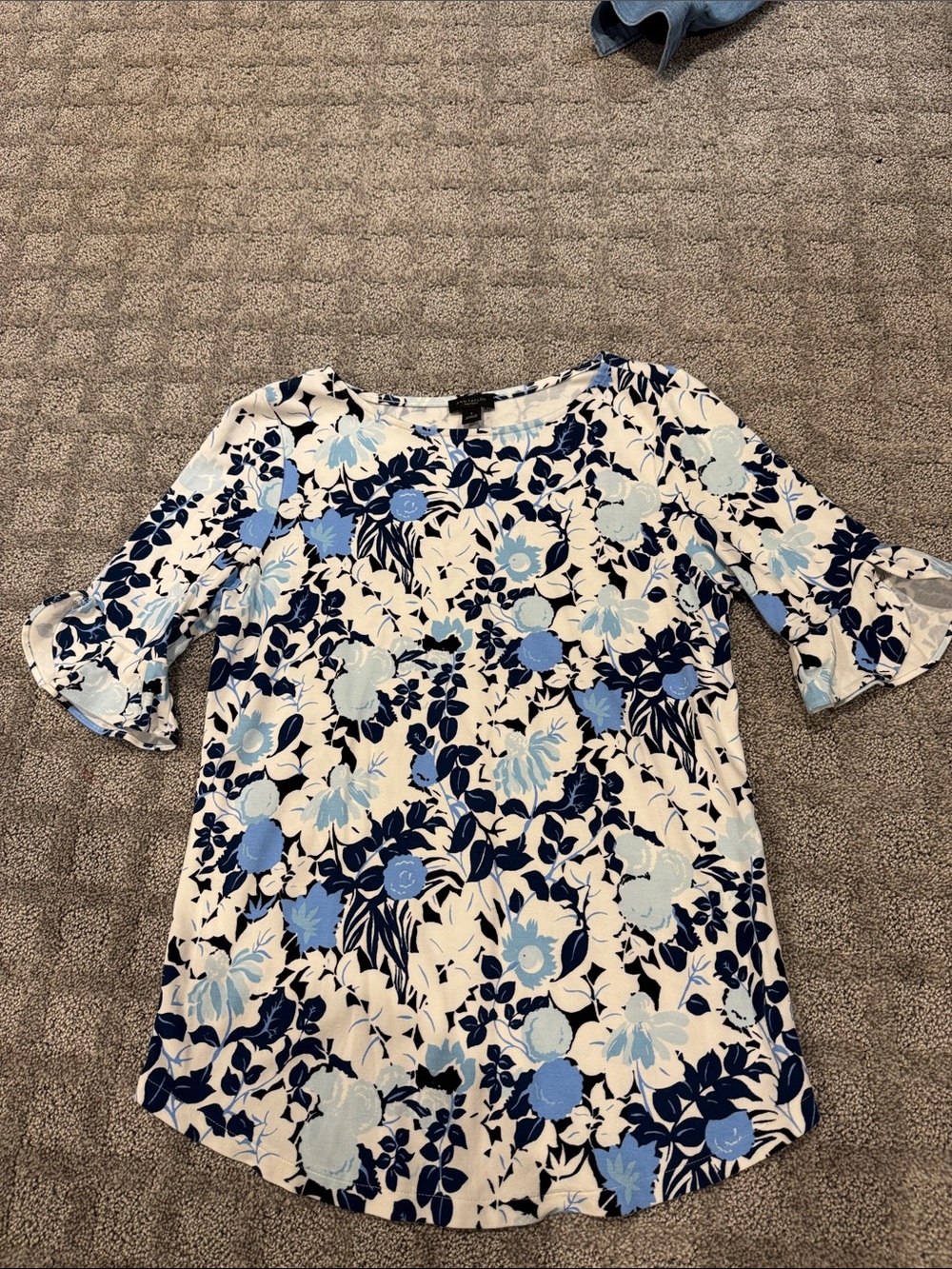 Ann Taylor Navy, Light Blue and Cream Floral Bell-Sleeve Top